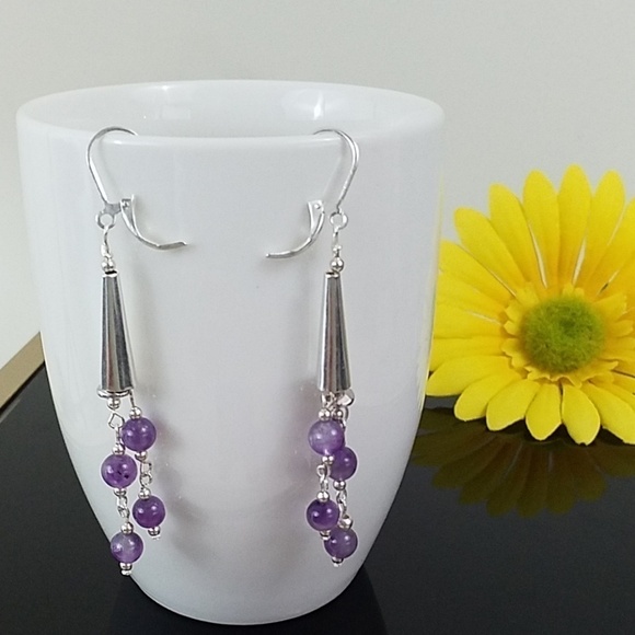 Silver Ton Amethyst Dangling Earrings. - Picture 2 of 3